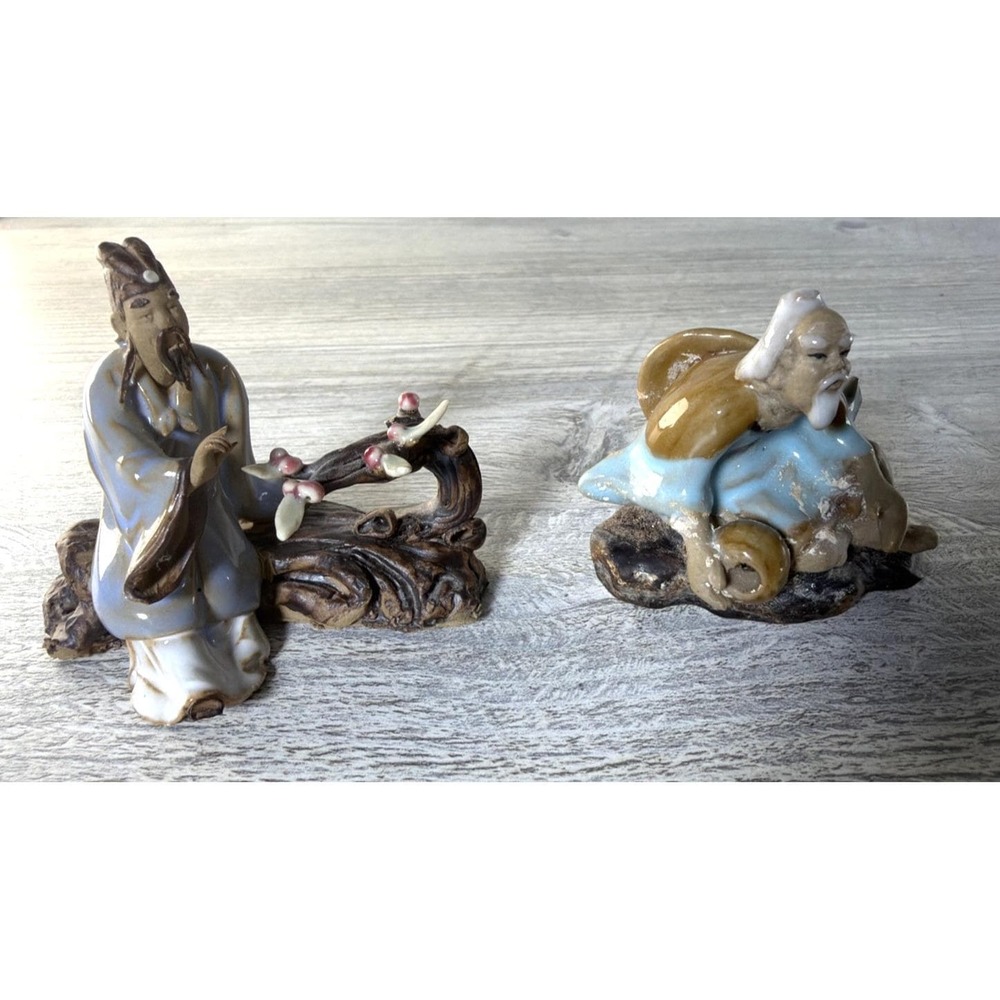 Set Of Two Chinese Shiwan Pottery Mudman Vintage Figurines Tang Dynasty Mudmen